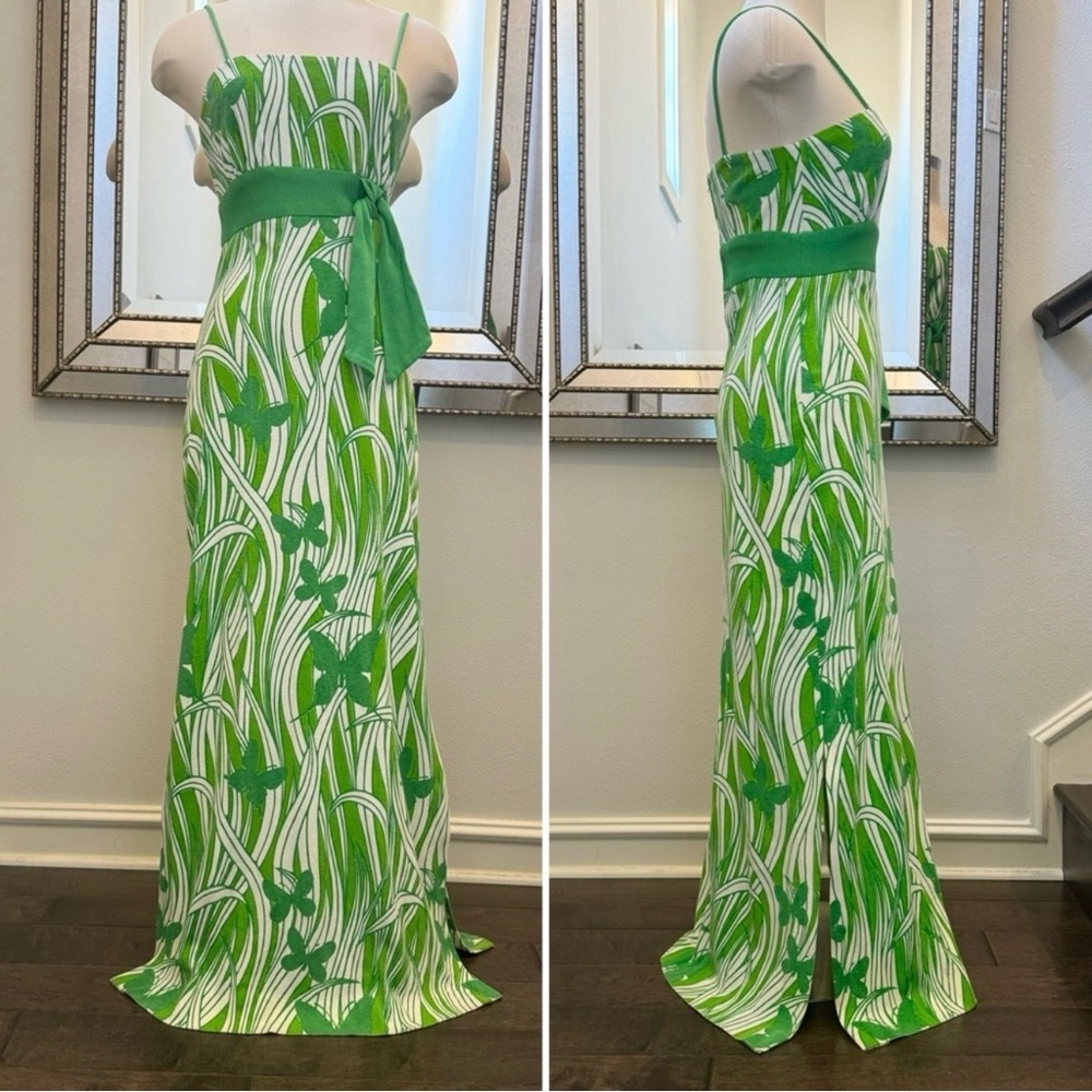 Miss Shaheen Vintage Hawaiian Butterfly Print Green Maxi Dress Column Gown 10 - Picture 9 of 12